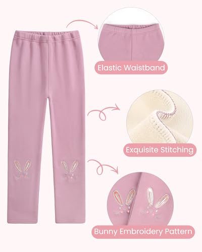 Auranso Girls Fleece Lined Thermal Sherpa-Lined Leggings Cotton Kids Winter Thick Warm Cartoon Bunny Embroidery Trousers Pink, 6-7 Years
