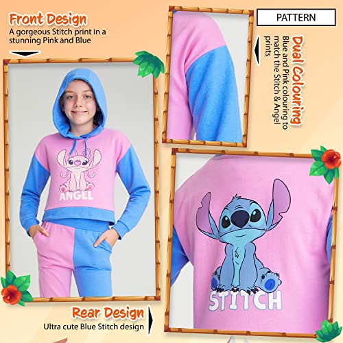 Disney Stitch Girls Tracksuit 2 Piece Cropped Hoodie or Sweatshirt and Joggers Girls Teenagers 4-15 Years Stitch Gifts (Pink/Blue, 11-12 Years)
