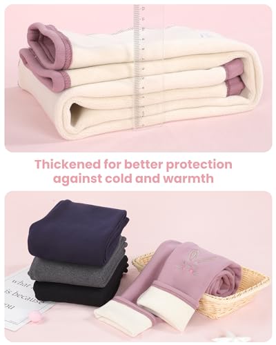 Auranso Girls Fleece Lined Thermal Sherpa-Lined Leggings Cotton Kids Winter Thick Warm Cartoon Bunny Embroidery Trousers Pink, 6-7 Years