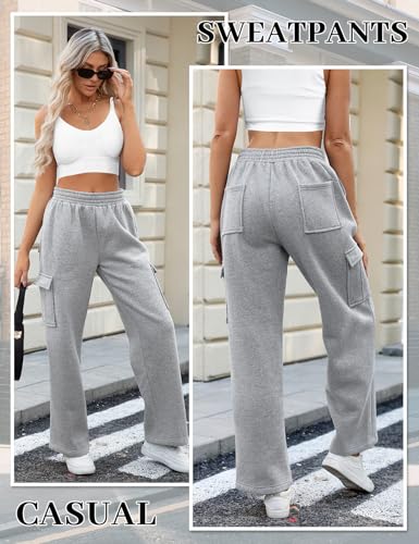 Yuson Girl Womens Fleece Lined Joggers Pant Thermal Sherpa Sweatpants Straight Leg Casual Workout Tracksuit Bottoms High Waist Baggy Elastic Waist Sweatpants Cargo Trousers with Pockets Grey