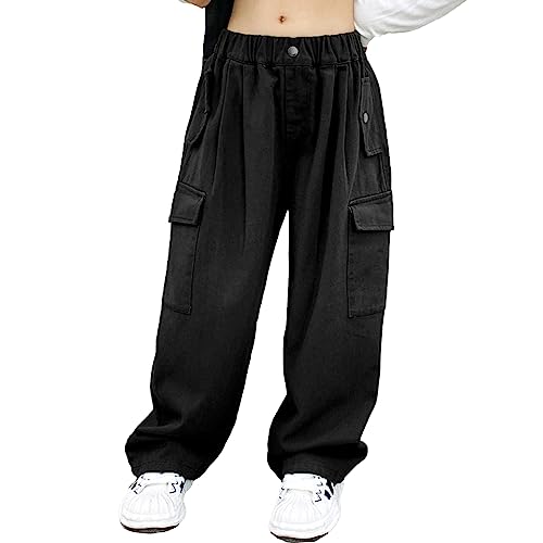 CHICTRY Kids Girls Outdoor Cargo Pants Street Hip Hop Dance Trousers Athletic Hiking Sports Workout Joggers Sweatpants Black 13-14 Years