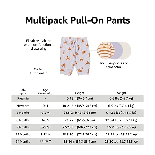 Amazon Essentials Baby Girls' Cotton Pull-On Trousers, Pack of 4, Grey Hearts/Light Pink/Navy/Pink, 12 Months