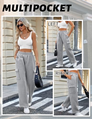 Yuson Girl Womens Fleece Lined Joggers Pant Thermal Sherpa Sweatpants Straight Leg Casual Workout Tracksuit Bottoms High Waist Baggy Elastic Waist Sweatpants Cargo Trousers with Pockets Grey