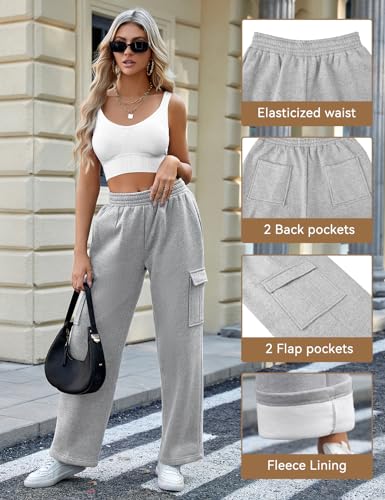 Yuson Girl Womens Fleece Lined Joggers Pant Thermal Sherpa Sweatpants Straight Leg Casual Workout Tracksuit Bottoms High Waist Baggy Elastic Waist Sweatpants Cargo Trousers with Pockets Grey