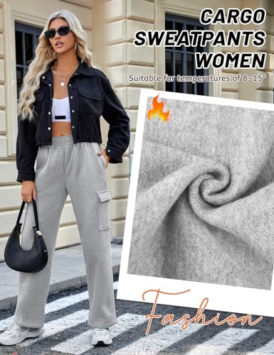 Yuson Girl Womens Fleece Lined Joggers Pant Thermal Sherpa Sweatpants Straight Leg Casual Workout Tracksuit Bottoms High Waist Baggy Elastic Waist Sweatpants Cargo Trousers with Pockets Grey