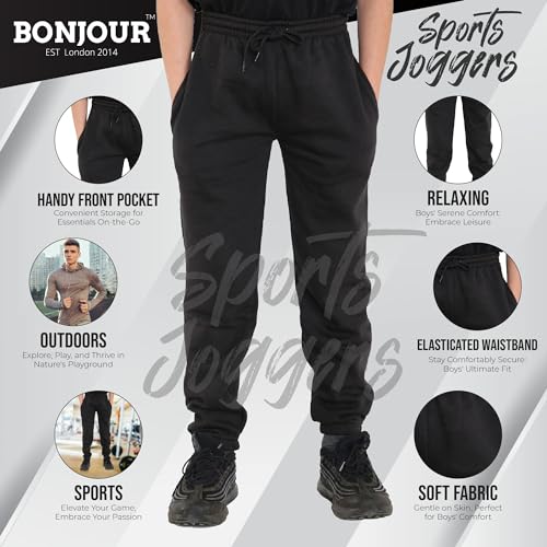 Bonjour Kids Boys Girls Childrens School Jog Pants Sports Games Fleece PE Joggers Trouser Jogging Tracksuit Bottoms Football 3-13 Years Black