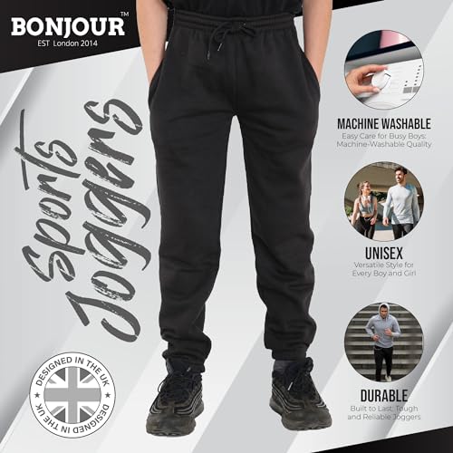 Bonjour Kids Boys Girls Childrens School Jog Pants Sports Games Fleece PE Joggers Trouser Jogging Tracksuit Bottoms Football 3-13 Years Black