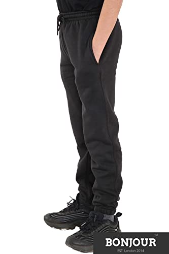 Bonjour Kids Boys Girls Childrens School Jog Pants Sports Games Fleece PE Joggers Trouser Jogging Tracksuit Bottoms Football 3-13 Years Black