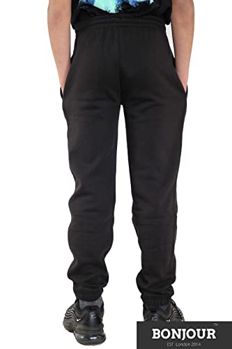 Bonjour Kids Boys Girls Childrens School Jog Pants Sports Games Fleece PE Joggers Trouser Jogging Tracksuit Bottoms Football 3-13 Years Black