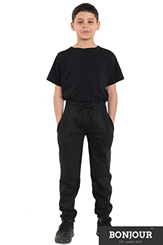 Bonjour Kids Boys Girls Childrens School Jog Pants Sports Games Fleece PE Joggers Trouser Jogging Tracksuit Bottoms Football 3-13 Years Black