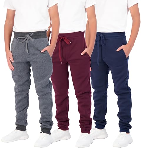 3 Pack: Boys Girls Youth Teen Active Athletic Trousers Football Tracksuit Bottoms Jogging Soft Sports Fleece Jogger Track Gym Running Fit Tapered Sweatpants French Terry Pockets -Set 4,L(14/16)