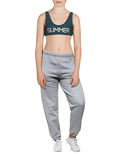 Love My Fashions® Kids Full-Length Close Ankle Cuff Plain Active Yoga Sweatpants Athletic Workout Joggers Bottom Drawstring Elastic Waist Fleece Trouser Girls Casual Sports (Light Grey, 11-12 Years)