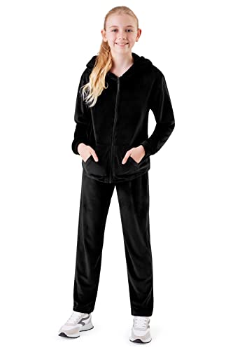 CityComfort Girls Tracksuit Set, 2 Piece Velour Hoodie and Tracksuit Bottoms Lounge Set (Black, 7-8 Years)