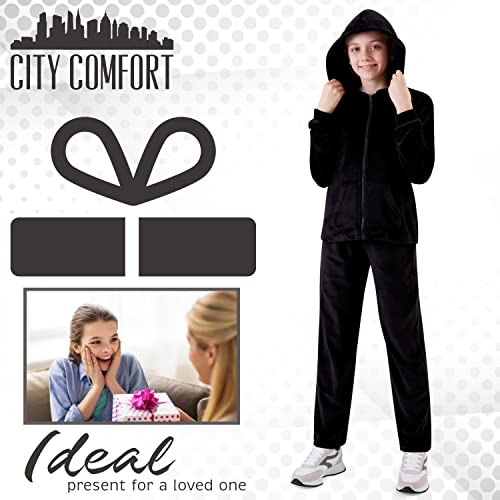 CityComfort Girls Tracksuit Set, 2 Piece Velour Hoodie and Tracksuit Bottoms Lounge Set (Black, 7-8 Years)