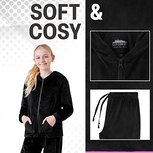 CityComfort Girls Tracksuit Set, 2 Piece Velour Hoodie and Tracksuit Bottoms Lounge Set (Black, 7-8 Years)