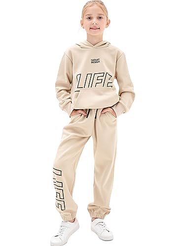 NATUST Kids Tracksuit Hoodie with Jogger Sweatpants Sports Activewear Set Girls Boys Khaki 13 Years (manufacturers's size: 160)