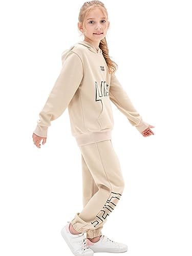 NATUST Kids Tracksuit Hoodie with Jogger Sweatpants Sports Activewear Set Girls Boys Khaki 13 Years (manufacturers's size: 160)