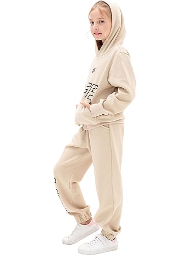 NATUST Kids Tracksuit Hoodie with Jogger Sweatpants Sports Activewear Set Girls Boys Khaki 13 Years (manufacturers's size: 160)