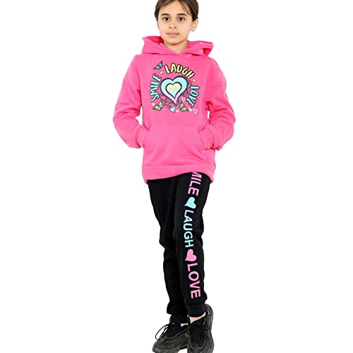 A2Z 4 Kids Girls Tracksuit Smile Laugh Love Print Hooded Pullover Hoodie Bottom - T.S 113 Pink 11-12