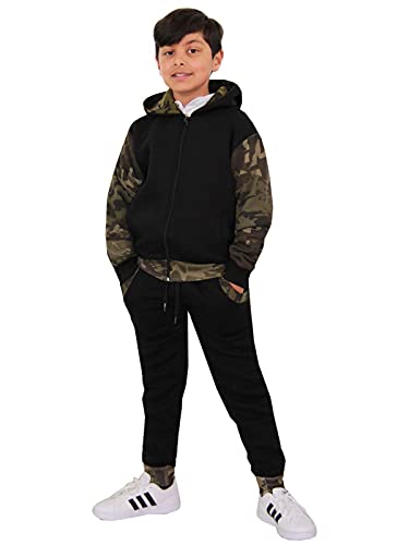 Kids Boys Girls Tracksuit Zipped Camo Fleece Hooded Top & Bottom Jogger Suit - T.S Plain 101 Camo Green.3-4