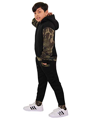 Kids Boys Girls Tracksuit Zipped Camo Fleece Hooded Top & Bottom Jogger Suit - T.S Plain 101 Camo Green.3-4