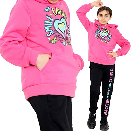 A2Z 4 Kids Girls Tracksuit Smile Laugh Love Print Hooded Pullover Hoodie Bottom - T.S 113 Pink 11-12