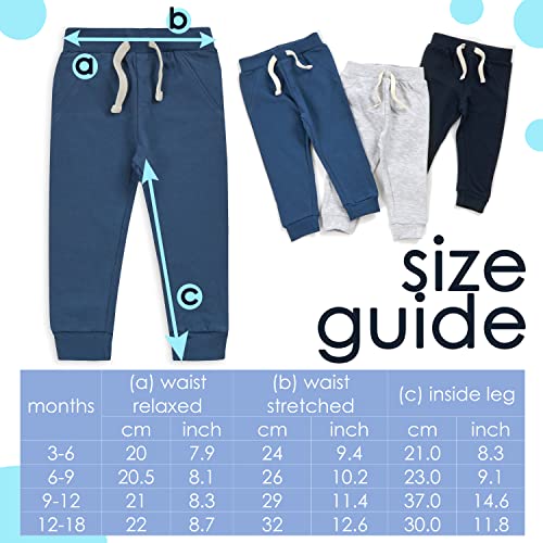 Metzuyan 3 Pack Baby Boys 100% Cotton Joggers Sweatpants Elasticated Waistband Jog Pants 3 Colours Mix 12-18 Months