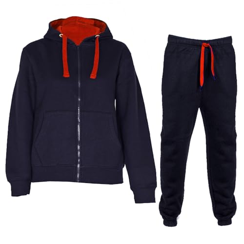 NOROZE Kids Unisex Contrast Fleece Gym Sports Joggers Full Tracksuit Set Boys Girls Hoodie casual loungewear loose-fit sweatpants Ribbed cuffs (Navy/Red, 7-8 Years)