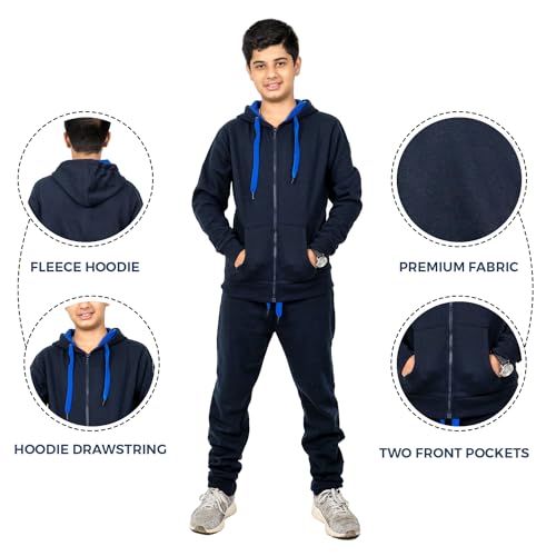NOROZE Kids Unisex Contrast Fleece Gym Sports Joggers Full Tracksuit Set Boys Girls Hoodie casual loungewear loose-fit sweatpants Ribbed cuffs (Navy/Red, 7-8 Years)