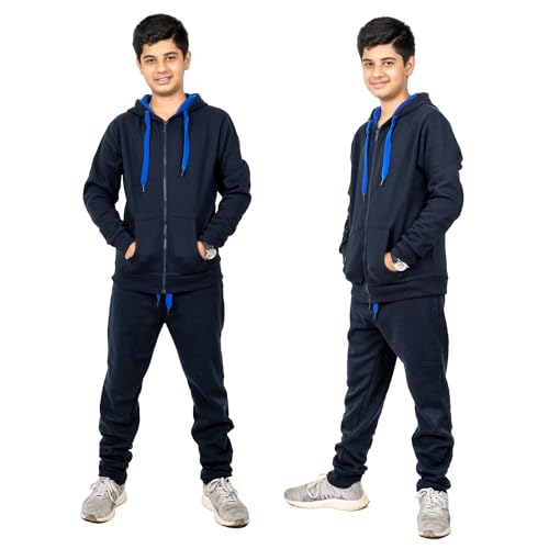 NOROZE Kids Unisex Contrast Fleece Gym Sports Joggers Full Tracksuit Set Boys Girls Hoodie casual loungewear loose-fit sweatpants Ribbed cuffs (Navy/Red, 7-8 Years)