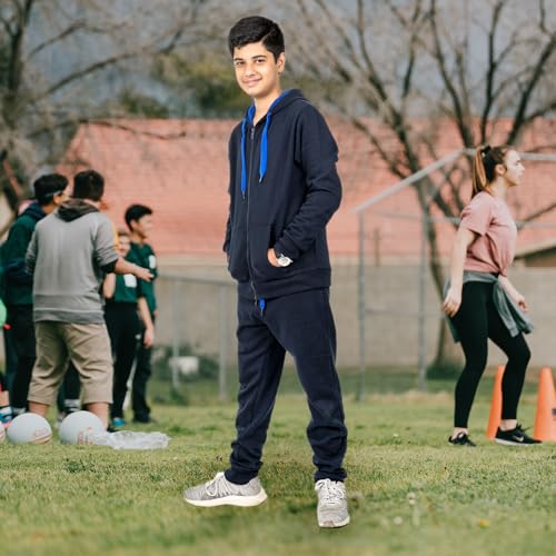 NOROZE Kids Unisex Contrast Fleece Gym Sports Joggers Full Tracksuit Set Boys Girls Hoodie casual loungewear loose-fit sweatpants Ribbed cuffs (Navy/Red, 7-8 Years)
