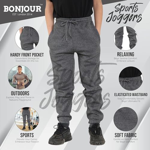 Bonjour Kids Boys Girls Childrens School Jog Pants Sports Games Fleece PE Joggers Trouser Jogging Tracksuit Bottoms Football 3-13 Years Grey