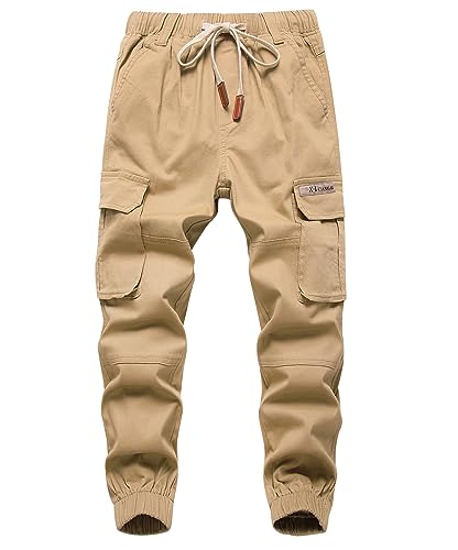 YoungSoul Boys Joggers Pants Casual Drawstring Elastic Slim Fit Kids Cargo Trousers Khaki 11-12 Years/Size 160