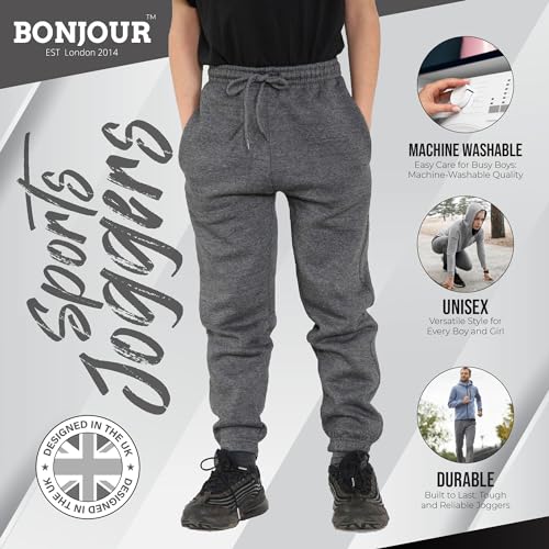 Bonjour Kids Boys Girls Childrens School Jog Pants Sports Games Fleece PE Joggers Trouser Jogging Tracksuit Bottoms Football 3-13 Years Grey