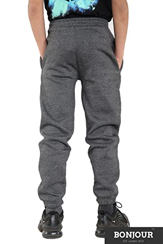 Bonjour Kids Boys Girls Childrens School Jog Pants Sports Games Fleece PE Joggers Trouser Jogging Tracksuit Bottoms Football 3-13 Years Grey