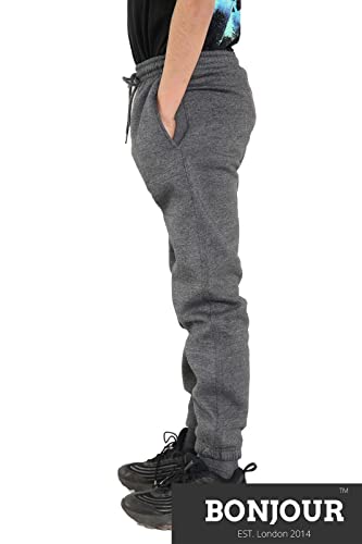 Bonjour Kids Boys Girls Childrens School Jog Pants Sports Games Fleece PE Joggers Trouser Jogging Tracksuit Bottoms Football 3-13 Years Grey