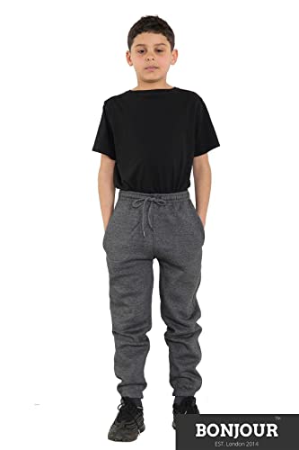 Bonjour Kids Boys Girls Childrens School Jog Pants Sports Games Fleece PE Joggers Trouser Jogging Tracksuit Bottoms Football 3-13 Years Grey