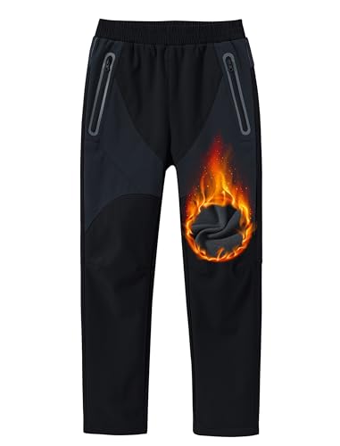 MoFiz Kids Snow Ski Trousers Boys Girls Outdoor Waterproof Windproof Trousers Fleece Lined Walking Hiking Snowboard Pants Zipper Pockets 10-12 Years Black M