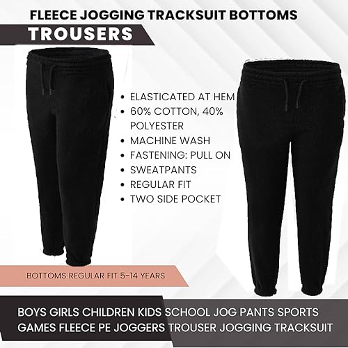Boys Girls Children Kids School Jog Pants Sports Games Fleece PE Joggers Trouser Jogging Tracksuit Bottoms Regular fit 5-14 Years (11-12 Years, Black)