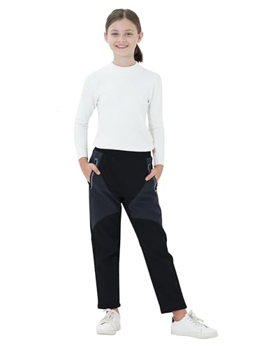 MoFiz Kids Snow Ski Trousers Boys Girls Outdoor Waterproof Windproof Trousers Fleece Lined Walking Hiking Snowboard Pants Zipper Pockets 10-12 Years Black M