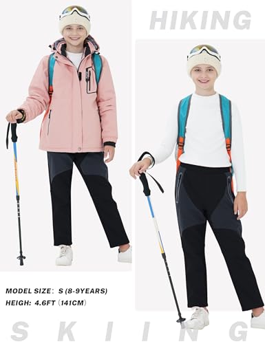 MoFiz Kids Snow Ski Trousers Boys Girls Outdoor Waterproof Windproof Trousers Fleece Lined Walking Hiking Snowboard Pants Zipper Pockets 10-12 Years Black M