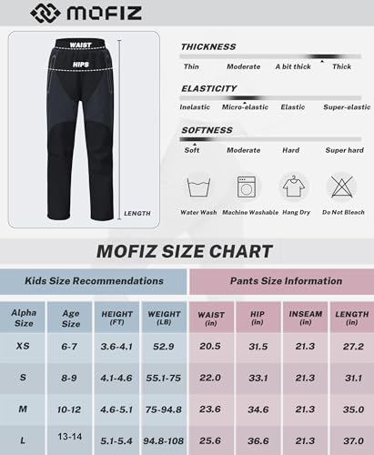 MoFiz Kids Snow Ski Trousers Boys Girls Outdoor Waterproof Windproof Trousers Fleece Lined Walking Hiking Snowboard Pants Zipper Pockets 10-12 Years Black M