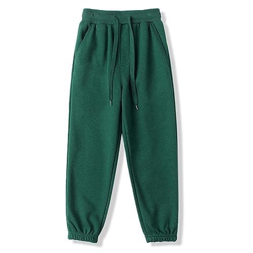 BINIDUCKLING Boys Girls Plain Joggers, Drawstring Tracksuit Bottoms Classic Elasticated Cuff Jogging Pants Kids Casual School Trousers for PE Sports and Games (Green,160/10-12Years)