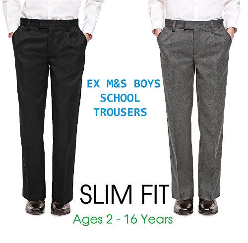 EX M&S Boys Regular/Slim Fit Black Grey Charcoal Navy School Trousers Adjustable Waist 2-16 Yrs