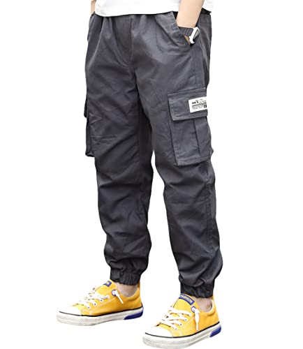 LAUSONS Boys Cargo Trousers for Kids Joggers Pants Elastic Waist Casual with Cuffed Bottom Grey Size 175/13-15 Years