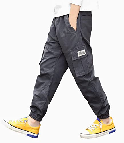 LAUSONS Boys Cargo Trousers for Kids Joggers Pants Elastic Waist Casual with Cuffed Bottom Grey Size 175/13-15 Years
