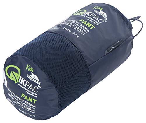 Trespass Qikpac Pant, Navy, 7/8, Compact Packaway Waterproof Trousers with 3 Pocket Openings Kids Unisex, Age 7-8, Blue