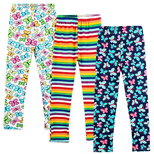 Auranso Girls Leggings 3 Pack Toddler Girl Floral Pattern Stretchy Leggings Kids Full Length Tights Pants 4-5 Years