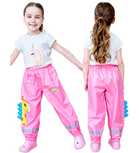 Coralup Little Boys Girls Reflective Waterproof Rain Pants Little Girls Mud Dirty Proof Trousers Kids Lightweight Rainwear Pink 4-5 Years