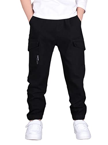 CAMLAKEE Boys Trousers Cargo Pants Kids School Jogging Bottoms Casual Streewear with Elastic Cuffs Black UK:13-14 Years (manufacturers's Size: 170)